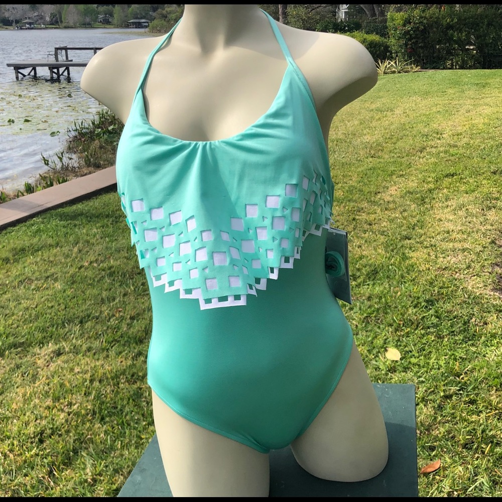 One Piece Low Back Mint Green Tie Neck Swimsuit